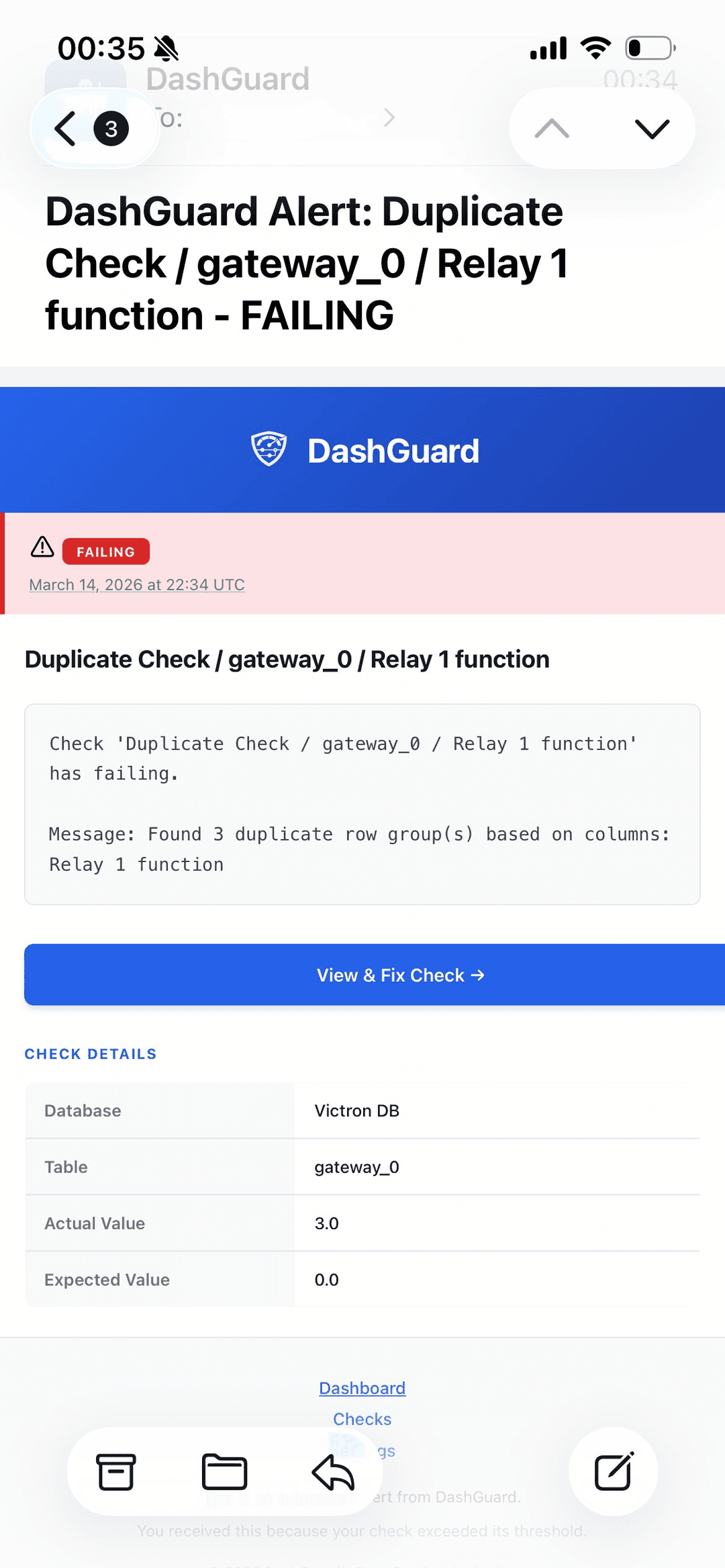 DashGuard email alert showing a failing check on mobile